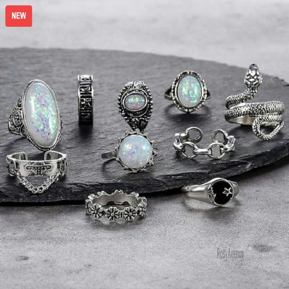 42-Piece Adjustable Silver Ring Set Stackable Vin… - image 6